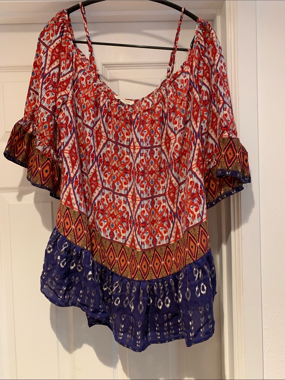 Boho Off-Shoulder Peasant Top - Red & Navy